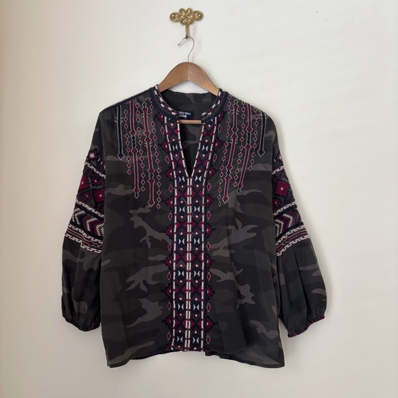 Johnny Was Tops - Johnny Was Workshop Camo Embroidered Silk Blouse Small